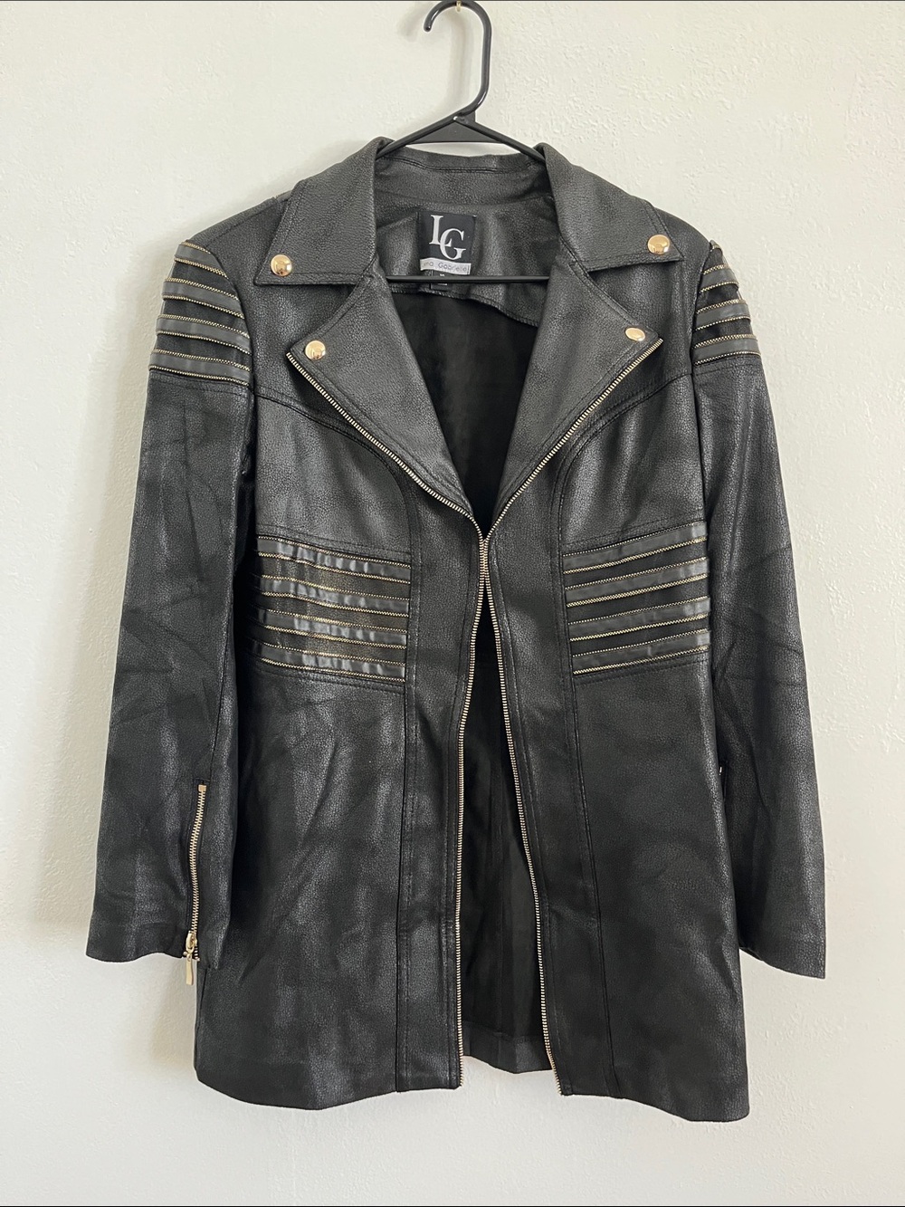 LG Lena Gabrielle Black Faux Leather Moto Coat with Gold-Tone Trim Size 10 - Picture 1 of 4